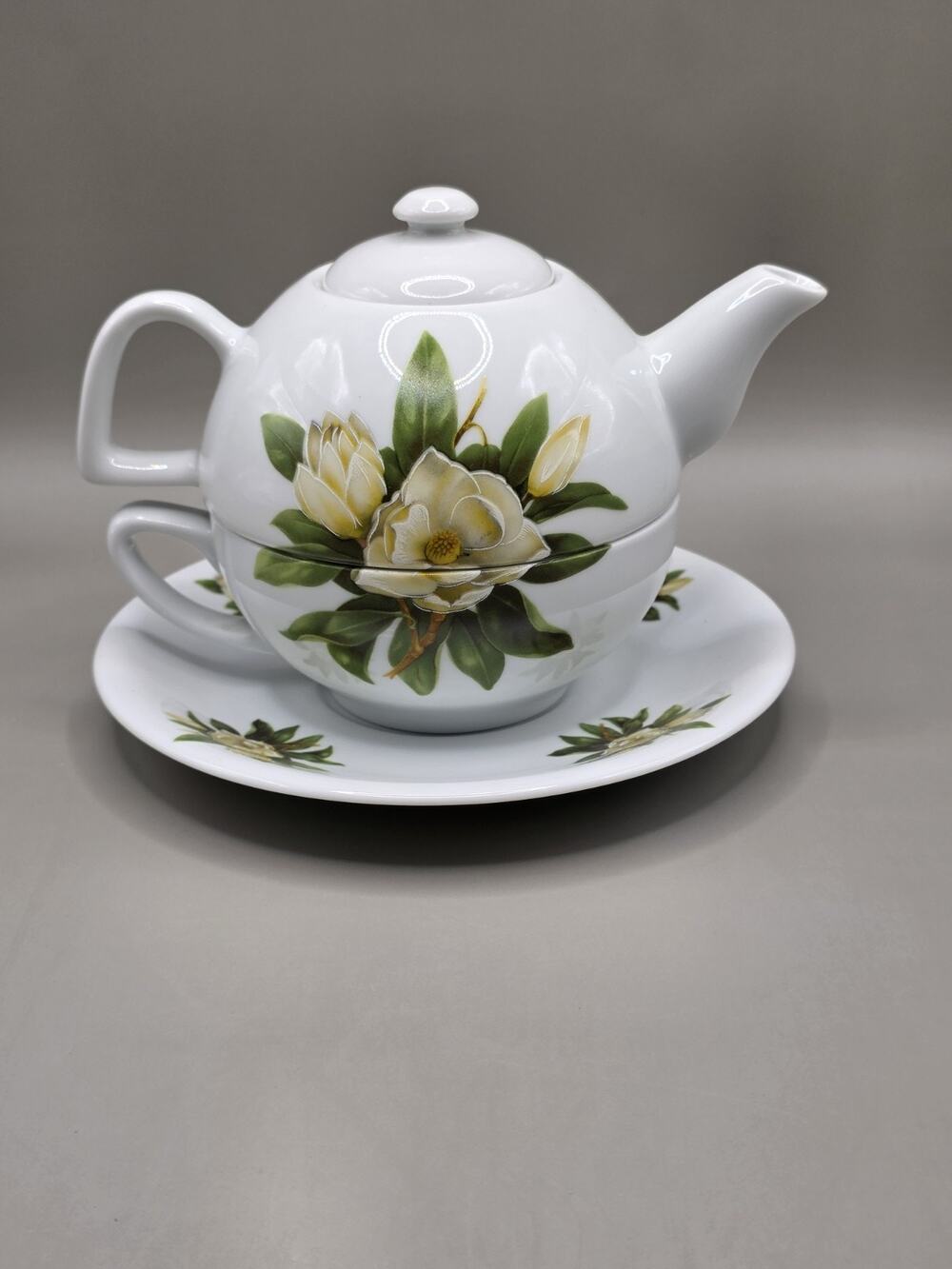 Vintage Porcelain Tea For One Stacking Teapot Cup Saucer Set Magnolia Floral